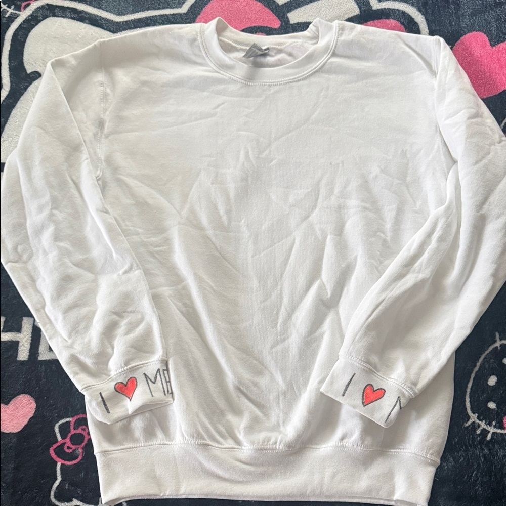 Gildan White Crewneck Sweater with Heart Accents